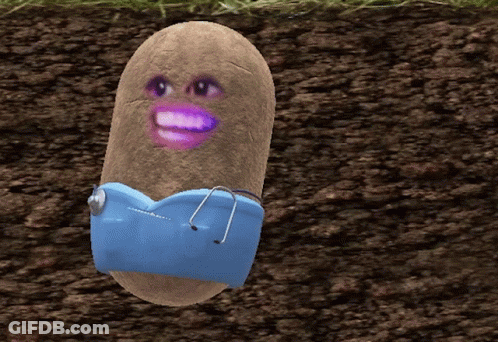 A Potato With A Purple Face And A Blue Shirt On GIF
