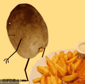 A Potato With Arms And Legs Is Standing Next To A Plate Of French Fries And A Bowl Of Dipping Sauce GIF