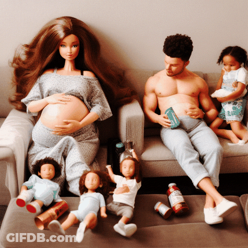 A Pregnant Barbie Is Sitting On A Couch Next To A Man And Two Dolls GIF