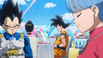 A Pregnant Goku Is Sitting At A Table With Other Characters GIF