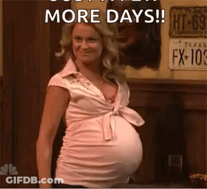 A Pregnant Woman In A Pink Shirt Is Standing In Front Of A Wooden Wall . GIF