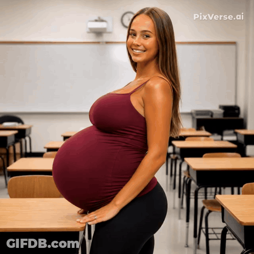 A Pregnant Woman Stands In A Classroom With Pixverse.ai Written On The Bottom GIF