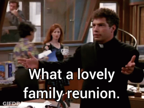 A Priest Says What A Lovely Family Reunion In Front Of A Group Of People GIF