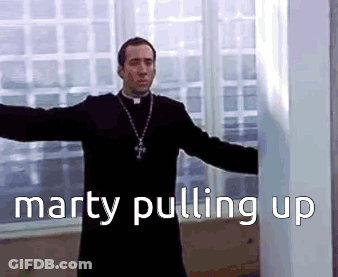 A Priest With His Arms Outstretched And The Words Marty Pulling Up GIF