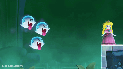 A Princess In A Pink Dress Stands In Front Of Three Ghosts With Their Tongues Out GIF