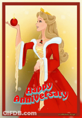 A Princess In A Red Dress Is Holding An Apple With The Words Happy Anniversary Written Below Her GIF