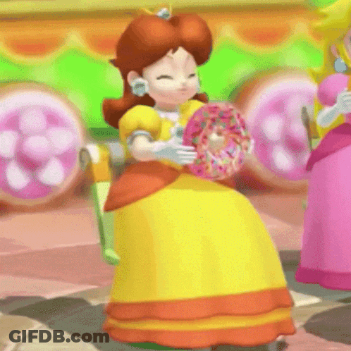 A Princess In A Yellow Dress Is Holding A Donut In Her Hands GIF