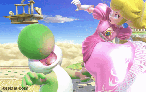 A Princess Peach Is Kicking A Green Yoshi In The Face GIF