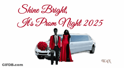 A Prom Night Poster With A Man And Woman In Front Of A White Limousine GIF