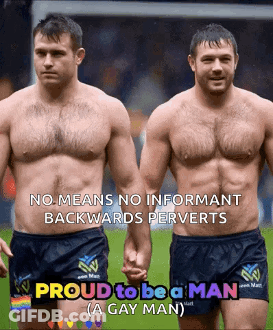 A Proud To Be A Man Advertisement With Two Men Holding Hands GIF