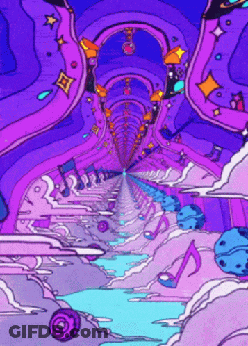 A Psychedelic Drawing Of A Tunnel With Music Notes GIF