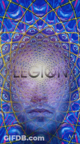 A Psychedelic Painting Of A Person 'S Face With Legion Written On The Bottom GIF