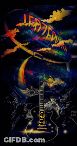 A Psychedelic Poster For Led Zeppelin With A Guitar In The Foreground GIF