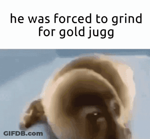 A Pug Dog Is Laying On A Bed With The Words `` He Was Forced To Grind For Gold Jugg '' GIF
