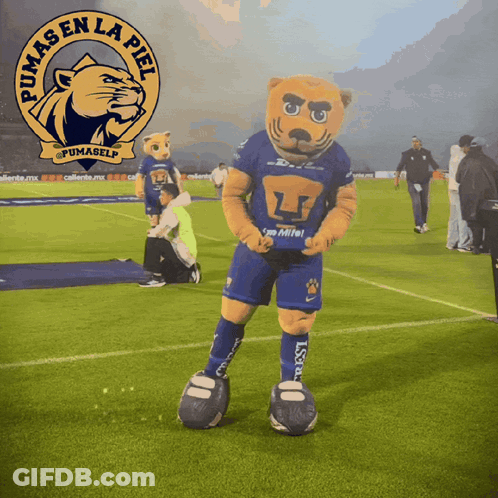 A Pumas En La Piel Logo With A Mascot On The Field GIF