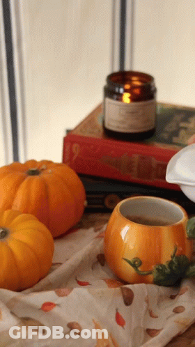 A Pumpkin Shaped Cup Sits On A Table Next To A Candle And Books GIF