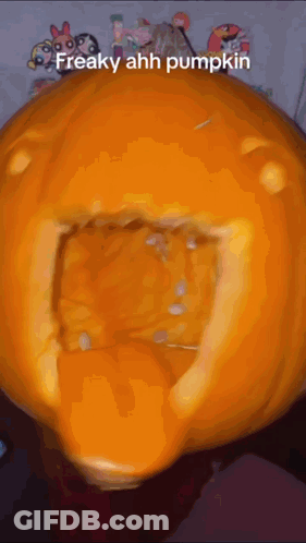 A Pumpkin With A Hole In It And The Words Freaky Ahh Pumpkin Below It GIF