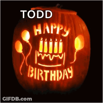 A Pumpkin With Candles And Balloons Carved Into It That Says Happy Birthday GIF