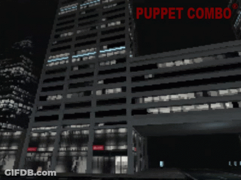 A Puppet Combo Advertisement Shows A Building At Night GIF