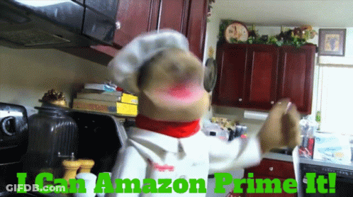 A Puppet In A Chef 'S Hat Says " I Can Amazon Prime It " In A Kitchen GIF