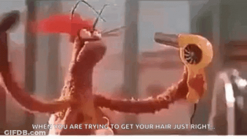 A Puppet Is Holding A Hair Dryer In Its Hand . GIF