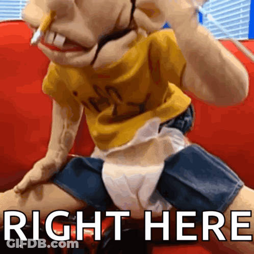 A Puppet Is Sitting On A Red Couch And The Words Right Here Are Above It GIF
