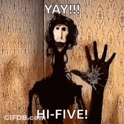 A Puppet Is Waving In Front Of A Wall And Says `` Yay !!! Hi-Five ! '' GIF
