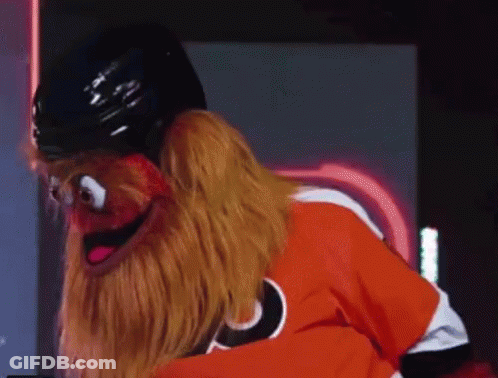 A Puppet Is Wearing A Hockey Helmet And A Flyers Jersey GIF