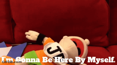 A Puppet Laying On A Red Couch With The Words " I 'M Gonna Be Here By Myself " GIF