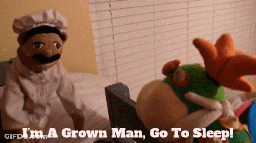 A Puppet Says I 'M A Grown Man Go To Sleep In Front Of A Stuffed Animal GIF