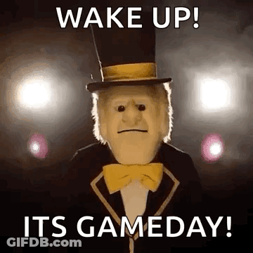 A Puppet Wearing A Top Hat And Bow Tie Says Wake Up ! It 'S Game Day ! GIF