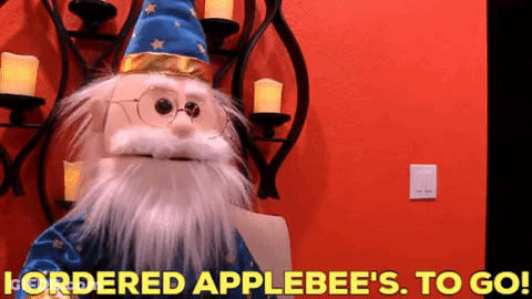 A Puppet With A Beard And Glasses Says " I Ordered Applebee 'S To Go " GIF