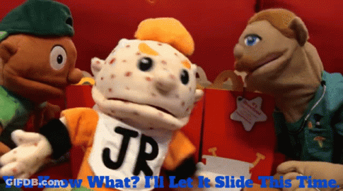 A Puppet With Jr On His Shirt Talks To Another Puppet GIF