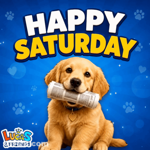 A Puppy Is Holding A Newspaper In Its Mouth With The Words Happy Saturday Behind It GIF