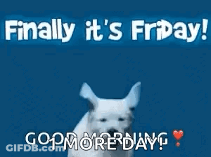 A Puppy Is Jumping In The Air On A Blue Background With The Words `` Finally It 'S Friday ! '' GIF