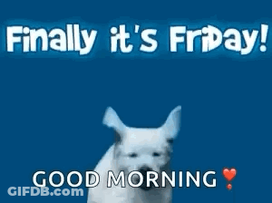 A Puppy Is Jumping In The Air With The Words `` Finally It 'S Friday ! `` GIF