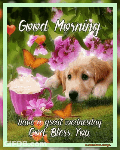 A Puppy Is Laying Next To A Cup Of Coffee And Butterflies On A Good Morning Card GIF