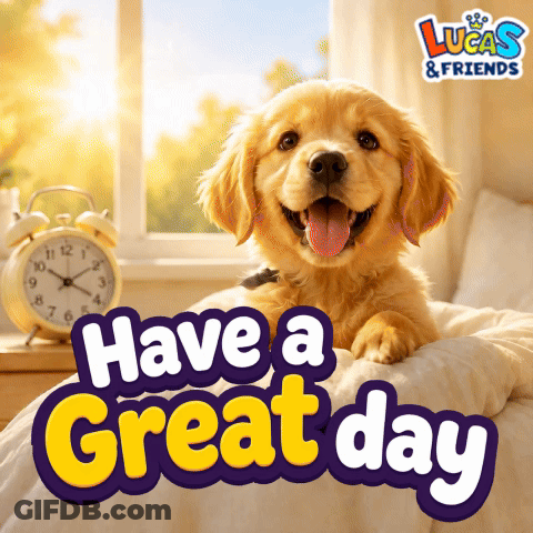 A Puppy Is Laying On A Bed With The Words Have A Great Day GIF