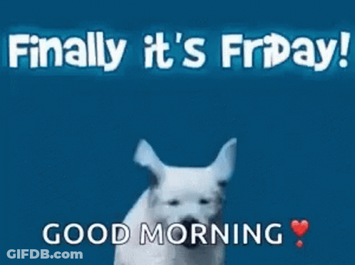 A Puppy Is Running On A Blue Background With The Words Finally It 'S Friday Good Morning GIF