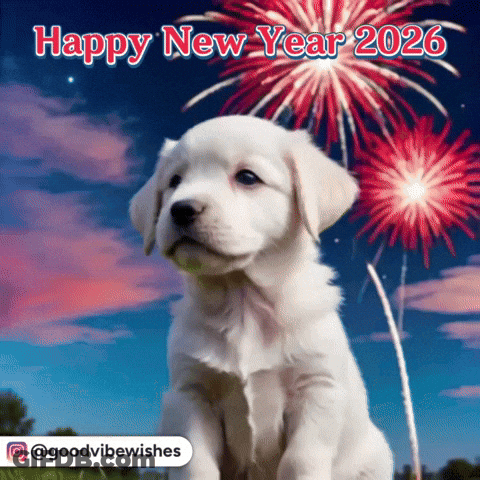 A Puppy Is Sitting In Front Of A Fireworks Display With The Words Happy New Year 2026 GIF