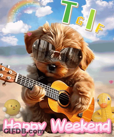 A Puppy Wearing Sunglasses Is Playing A Guitar And The Words Happy Weekend Are Below It GIF