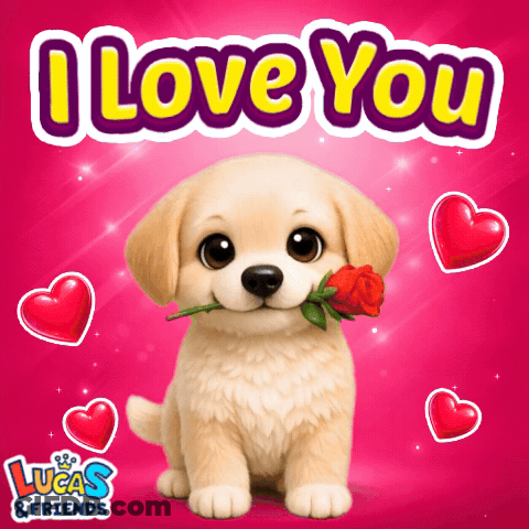 A Puppy With A Rose In Its Mouth Is Surrounded By Hearts And The Words I Love You GIF