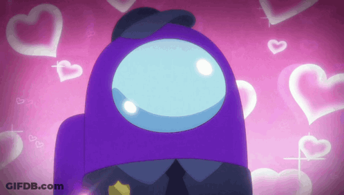 A Purple Among Us Character Is Surrounded By Hearts On A Pink Background GIF