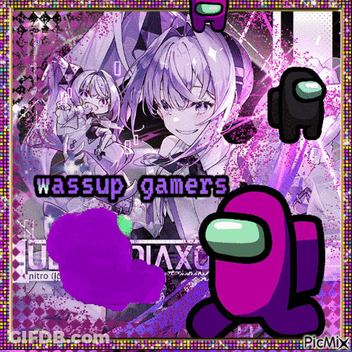 A Purple Among Us Character With The Words Wassup Gamers GIF