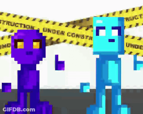 Purple And Blue Pixel Characters Under Construction Tape GIF