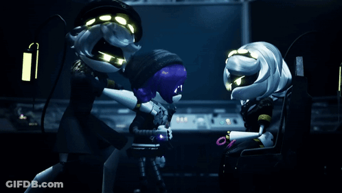 A Purple And A White Robot Are Standing Next To Each Other GIF