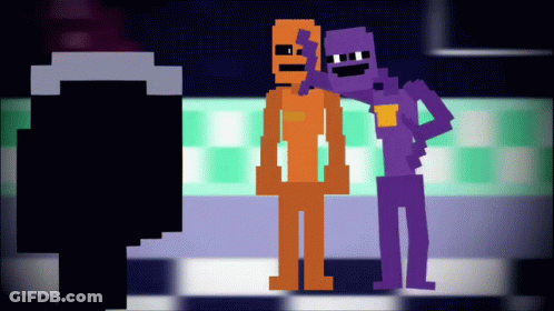 A Purple And An Orange Pixel Character Are Standing Next To Each Other On A Checkered Floor GIF