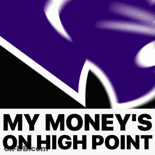 A Purple And Black Logo With The Words My Money 'S On High Point Below It GIF