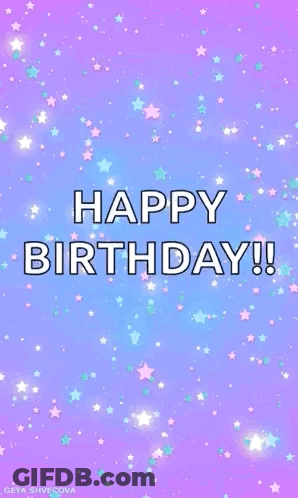 A Purple And Blue Background With Stars And The Words `` Happy Birthday '' GIF