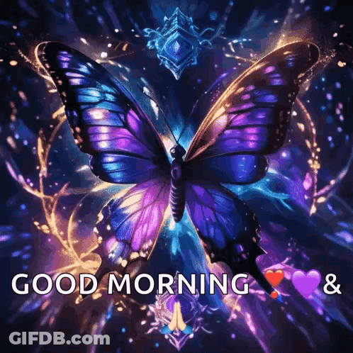 A Purple And Blue Butterfly With The Words Good Morning And Hearts GIF